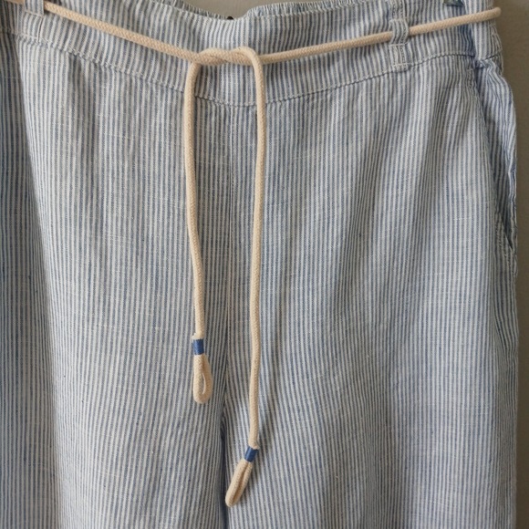 Tahari Size Medium Wide Leg Pants Rope Belt Striped Ankle Length 100% Linen - Picture 8 of 14
